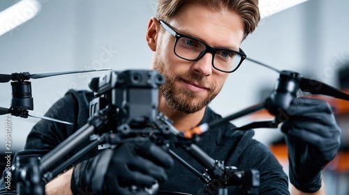 Drone technician working on aerial photography equipment