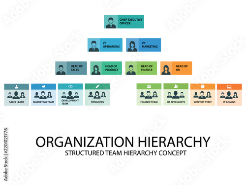 Colorful organization hierarchy infographic showing executive leadership, department heads, and business teams arranged in a structured corporate hierarchy.