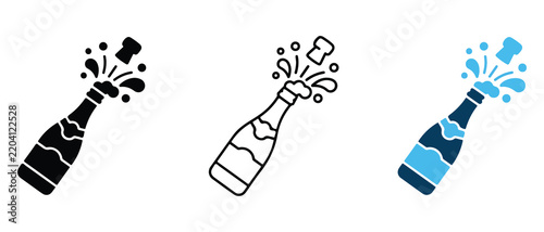 champagne bottle icons popping with cork and bubbles isolated on transparent background