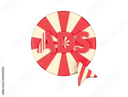 Red advertising target badge with ADS text for marketing and promotion icon 3d render illustration isolated