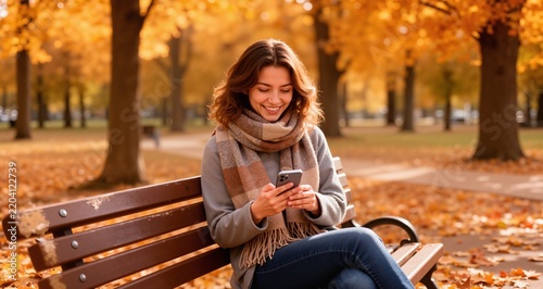Happy young woman with scarf around neck using smart phone on bench at autumn park
