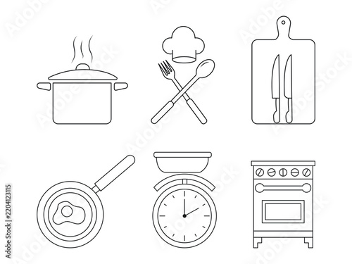 Cooking line icon set including pot, Chef hat, Fork, Spoon, Cutting board, Knives, Frying pan, Fried egg, Kitchen scale, Stove.