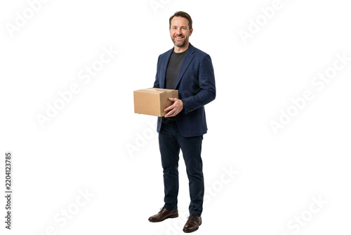 Smiling man holding cardboard box, isolated on transparent background. Delivery service, shipping, logistics, small business.