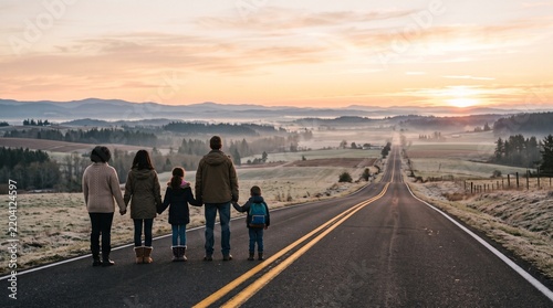 Family standing on road at sunrise overlooking misty valley and rolling hills