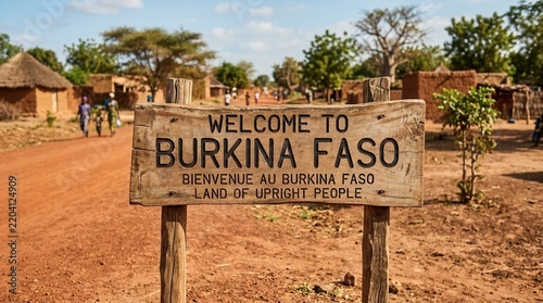 Welcome to Burkina Faso Sign in Rural African Village Land of Upright People Traditional Mud Huts Dusty Road