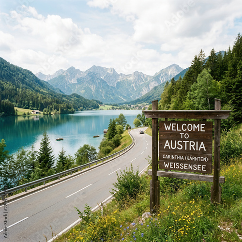 Welcome to Austria Sign at Scenic Weissensee Lake Carinthia Mountain Landscape and Road