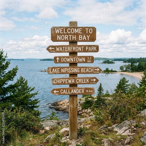 Welcome to North Bay directional signpost with multiple destinations and distances overlooking Lake Nipissing and beach