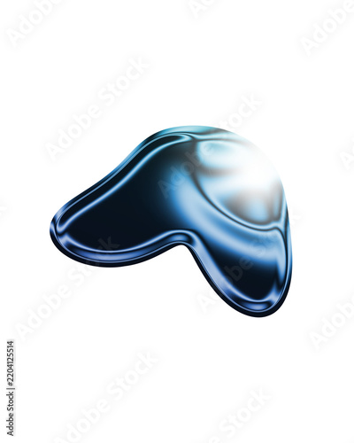 A glossy blue fluid shape with a bright highlight sits on transparent background blob liquid form abstract cyan metallic reflective