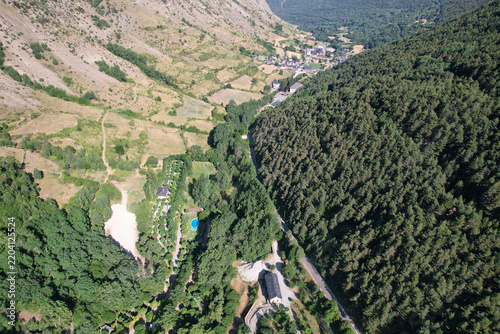Aerial view of Escrita River valley and Espot town in the Spanish Pyrenees. Lleida, Catalonia.