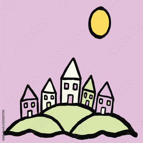 native flat art style  illustration of a cozy village