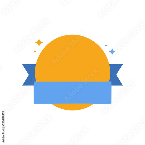 Orange circle with blue ribbon banner and stars