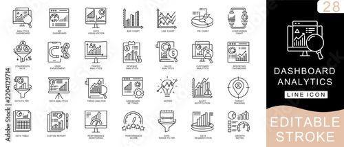 Dashboard Analytics Line Icon Set – Data Visualization, KPI, Business Intelligence, Reports and Performance Metrics