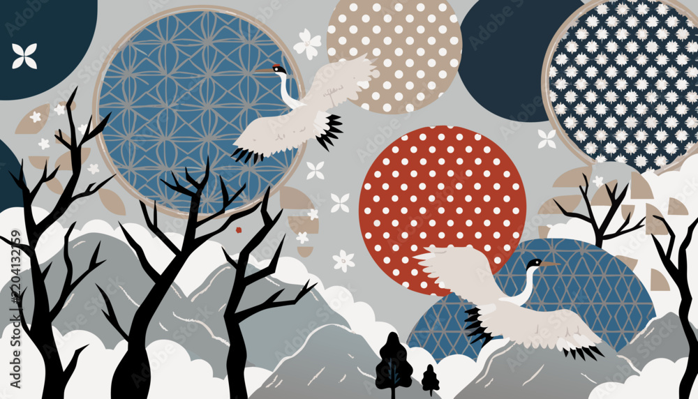 Fototapeta premium Japanese crane and floral ornament vector illustration with geometric backgrounds