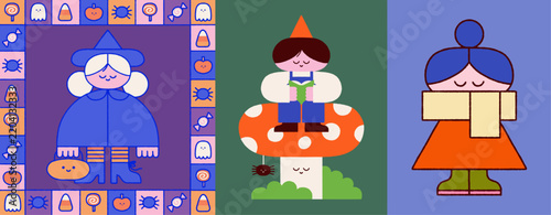 Halloween witch reading book on mushroom illustration