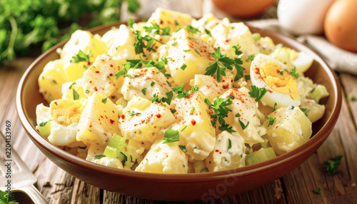 American creamy potato salad, mayonnaise, mustard, celery, egg and paprika. AI