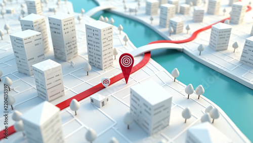 3D minimalist white city model with blue river. Red route path and map location pins show navigation and positioning concept.