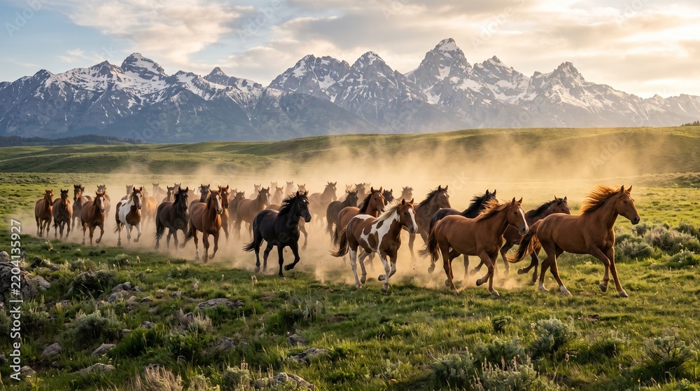 Fototapeta premium Herd of Wild Horses Galloping Through a Green Meadow with Dust Clouds and Majestic Snow-Capped Mountains at Sunset
