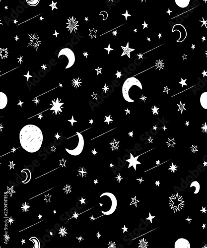 A nighttime background illustration featuring a crescent moon and stars in a doodle or hand-drawn style, rendered in white against a black background.