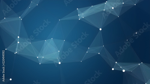 Abstract technology background with glowing dots and connecting lines representing a digital data network structure in a deep blue space