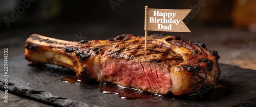A perfectly grilled medium-rare ribeye steak served on a dark slate platter with a Happy Birthday Dad flag for Father's Day restaurant marketing.