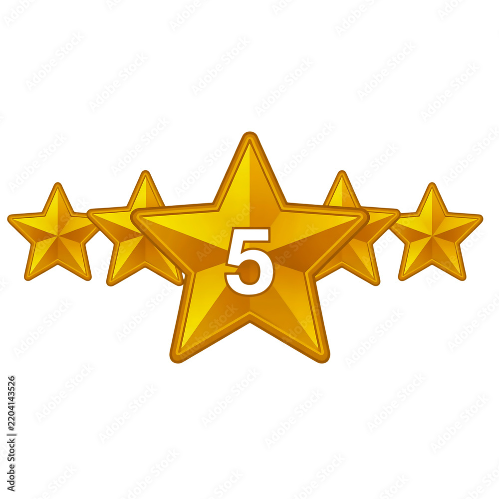 Fototapeta premium Bright yellow star rating icon with five stars filled isolated on transparent background