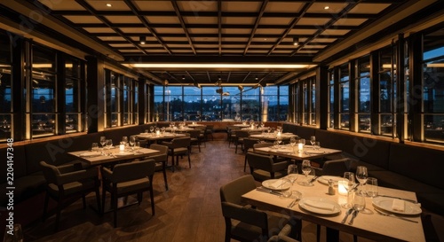 Luxurious dining space with tables, chairs, and lighting for a formal occasion