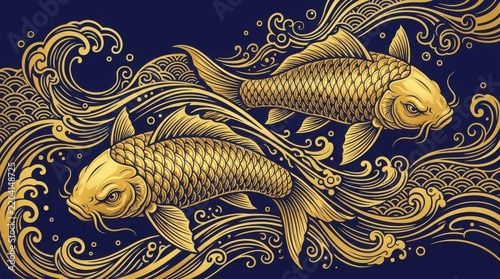 Golden koi fish swimming in intricate decorative pattern background