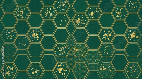 Hexagonal honeycomb pattern with bees and golden pollen
