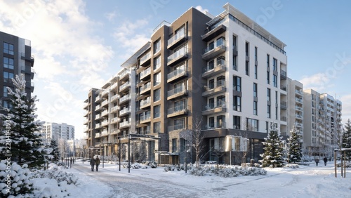 Modern apartment building in snowy residential neighborhood on bright winter day