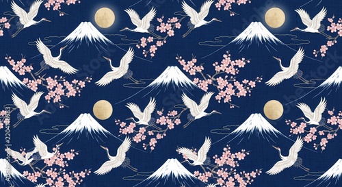 White cranes flying over mountain and flowers with moon background