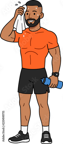 Man wiping sweat with towel after workout, hydration and recovery concept