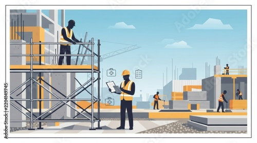 Workers are conducting safety inspection at a construction site during the day while using equipment and following safety protocols.