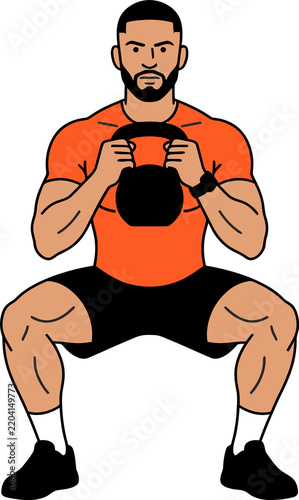 Man doing kettlebell squat, weight training and strength exercise