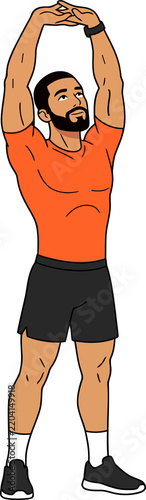 Man stretching arms overhead, flexibility and warm-up exercise illustration