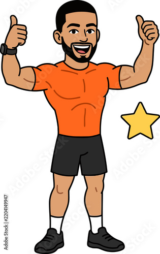 Fit man giving thumbs up with star, success and achievement in fitness concept
