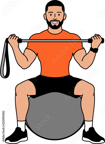Man doing squats on exercise ball with resistance band, strength training illustration