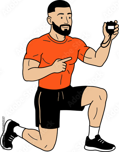 Fitness coach demonstrating exercise with stopwatch, personal trainer concept