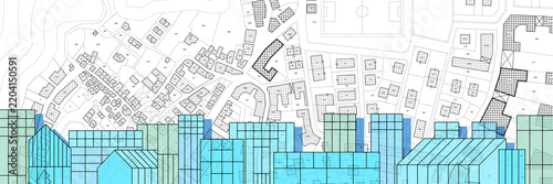 Imaginary cadastral map of territory with buildings, roads, buildable areas, land plot with cityscape