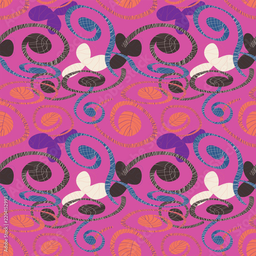 Colorful abstract seamless pattern with curly shapes, swirls, and decorative elements in retro vector style