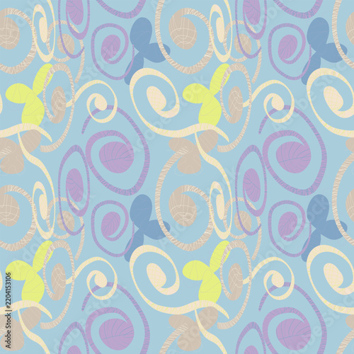 Colorful abstract seamless pattern with curly shapes, swirls, and decorative elements in retro vector style