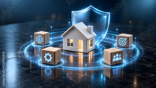 Model house protected by glowing digital shield and network of artificial intelligence icons representing smart home ecosystem