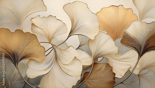 elegant abstract floral art featuring overlapping textured ginkgo leaves in beige and cream tones