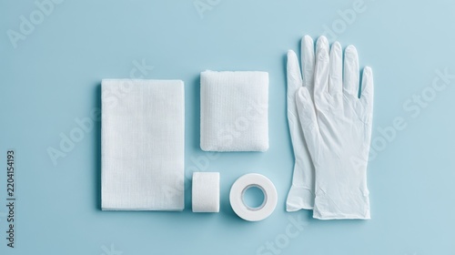 Neatly Arranged Medical Supplies Including Gauze, Pads, Tape, and Disposable Gloves on Blue Background