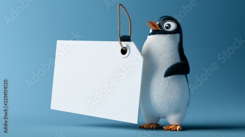 Charming Penguin with a Large Blank Price Tag, Displaying a Unique Pricing Opportunity in a Playful Setting