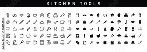 Flat Kitchen Appliance Icon Set with Utensils for Food Preparation
