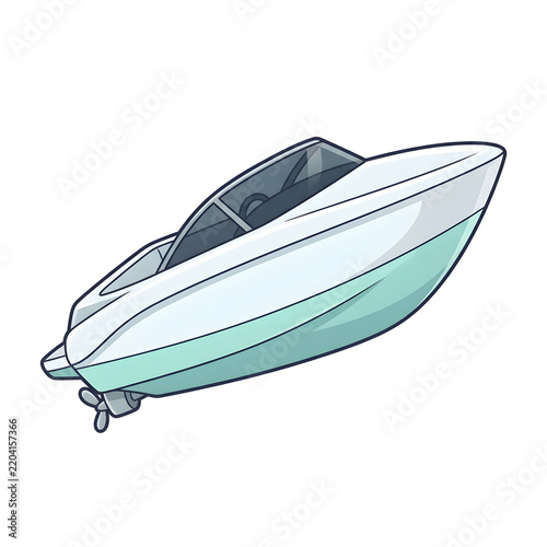 Speedboat, motorboat and marine vessel on white background for travel, leisure and luxury transport. Nautical, boat and powerboat with motor, windshield and hull for hobby, fun and summer vacation