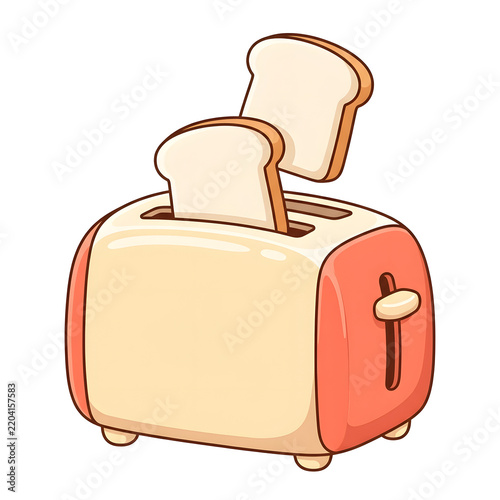 Toaster, kitchen appliance and breakfast bread with sliced toast, electric machine and household tool. Morning routine, food prep and cooking equipment in home with isolated object, cute graphic.