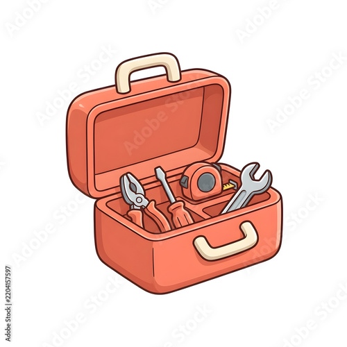 Toolbox, tools and hardware in red kit for repair, construction and maintenance work. Hand equipment, fix and diy project with wrench, pliers and screwdriver for home improvement or craft labor