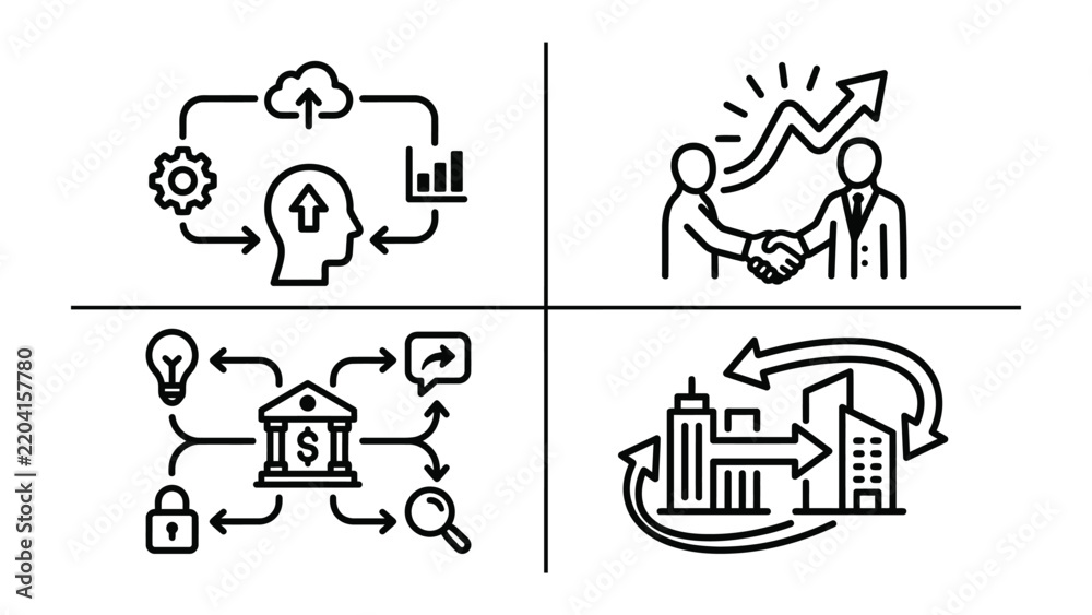 Fototapeta premium Business Concepts Collage: A collage of four icons representing business concepts: data analysis and learning, partnership and agreement, financial institution and security.