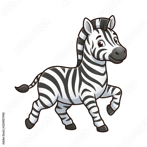Zebra running, cartoon and animal on white background for kids, nursery and safari theme. Mascot, cute and stripe with wildlife, galloping and nature for education, creative and drawing style